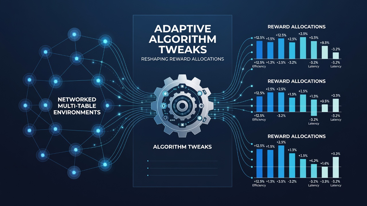 Visualization of adaptive algorithms adjusting reward flows between connected gaming tables