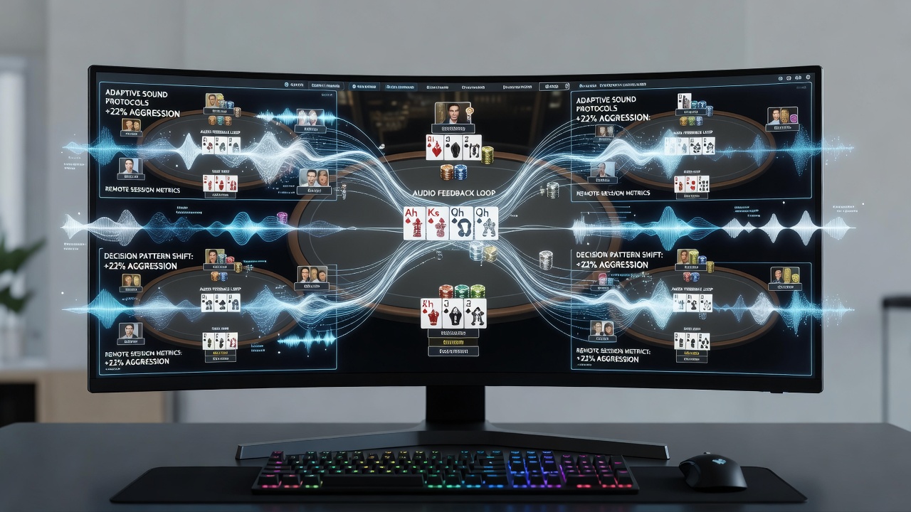 Close-up of multi-table poker software interface highlighting audio synchronization indicators