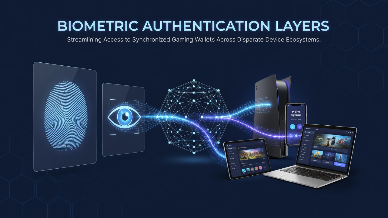 Biometric authentication interface on multiple gaming devices showing fingerprint and facial recognition layers