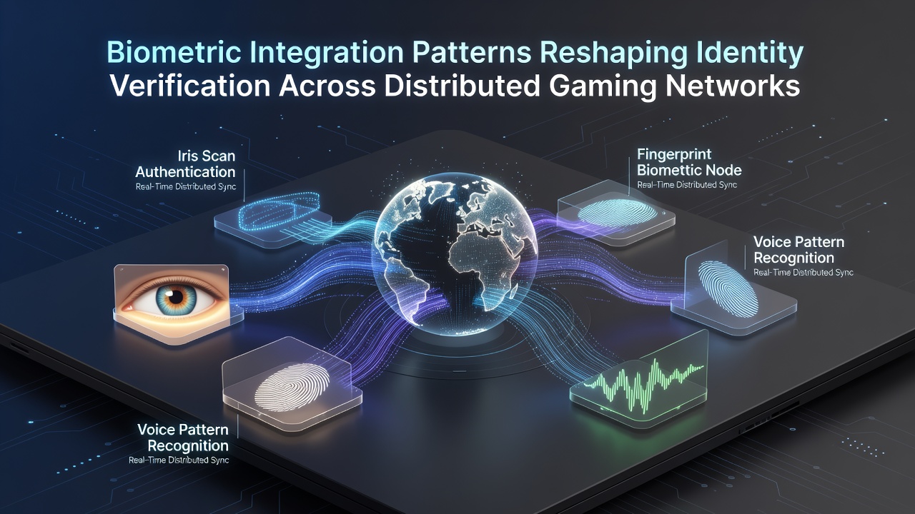 Network diagram illustrating biometric data flow between edge nodes and central verification servers in a global gaming infrastructure