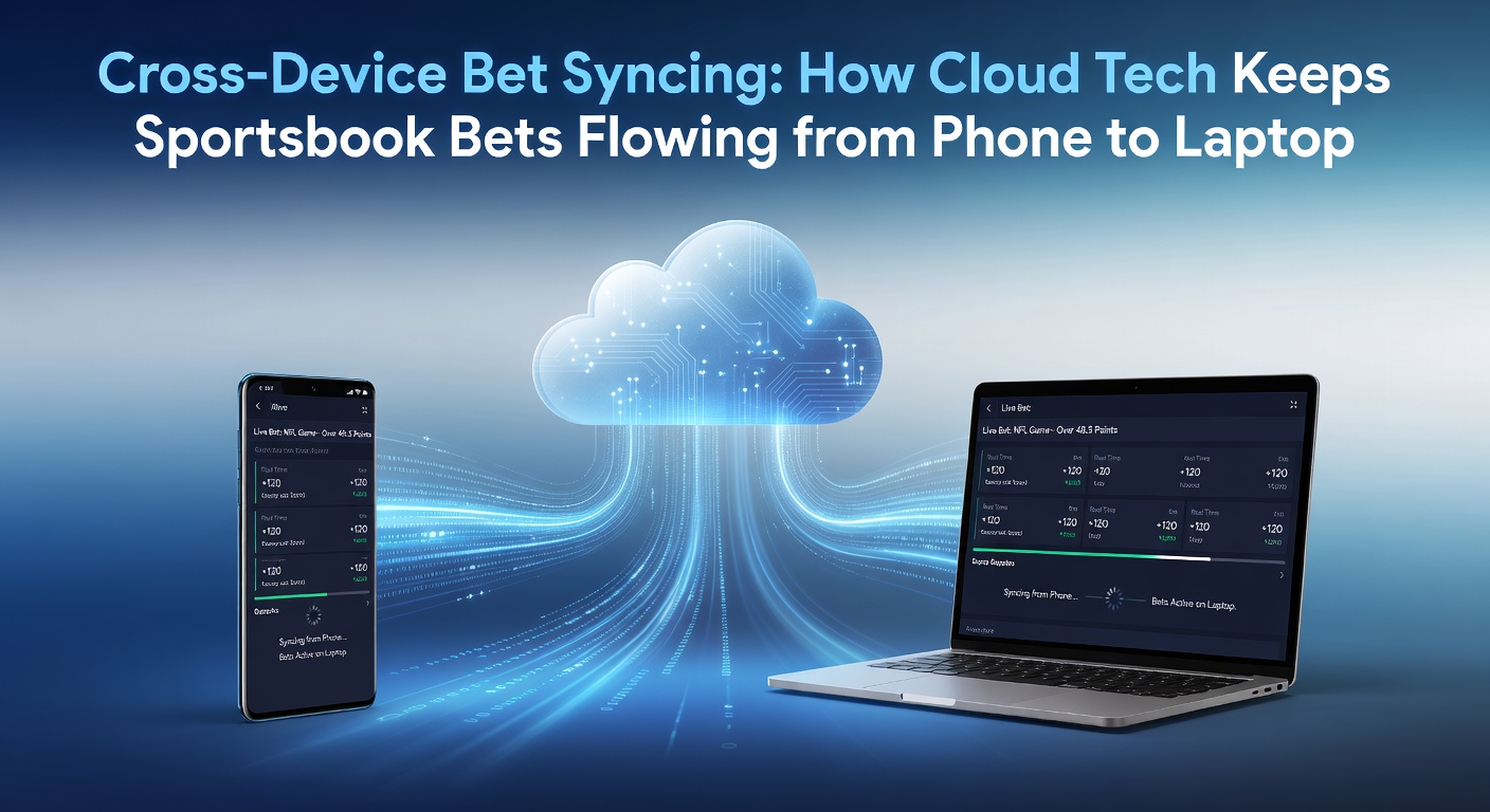 Smartphone and laptop displaying synced sportsbook bets on a sports event, illustrating seamless cross-device experience