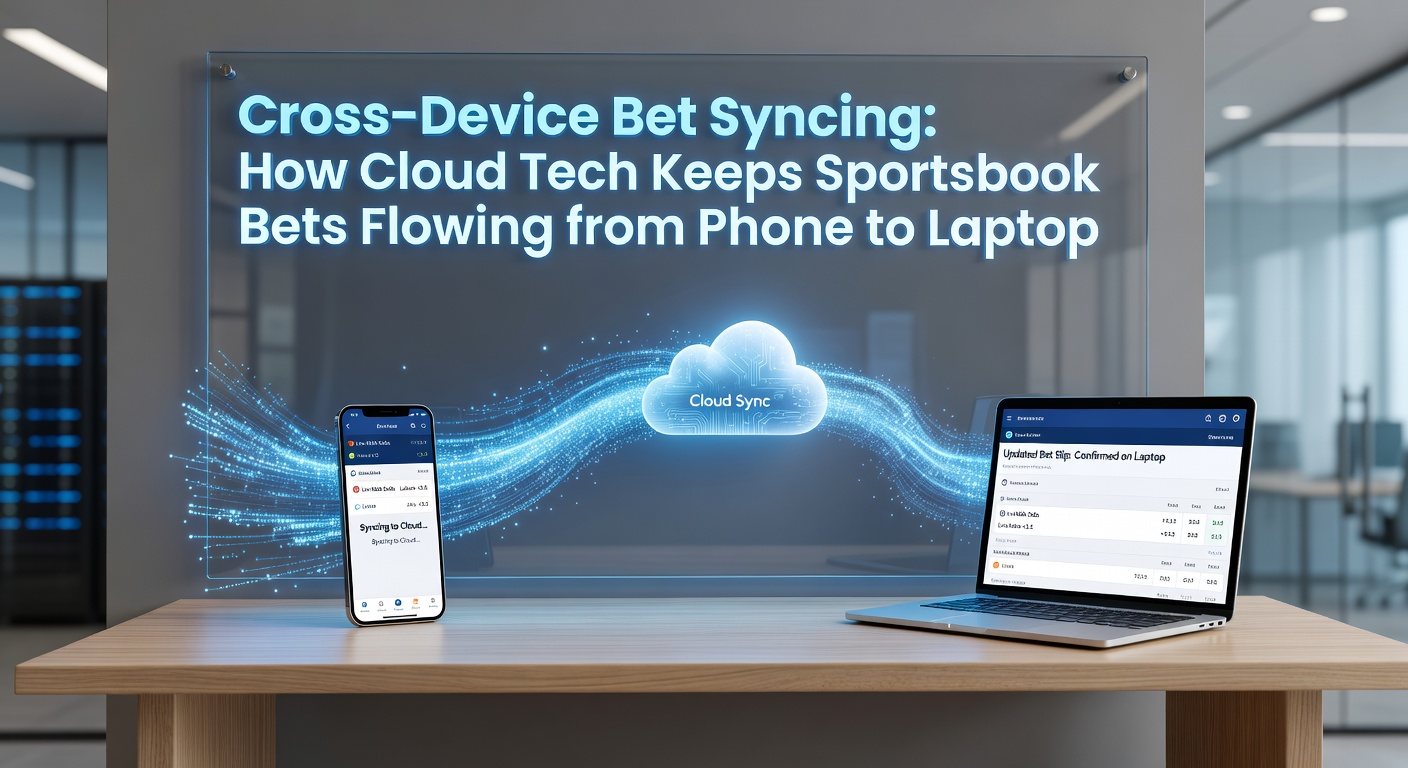 Cloud server diagram showing data syncing between mobile app and web browser for sports betting, with arrows indicating real-time flow