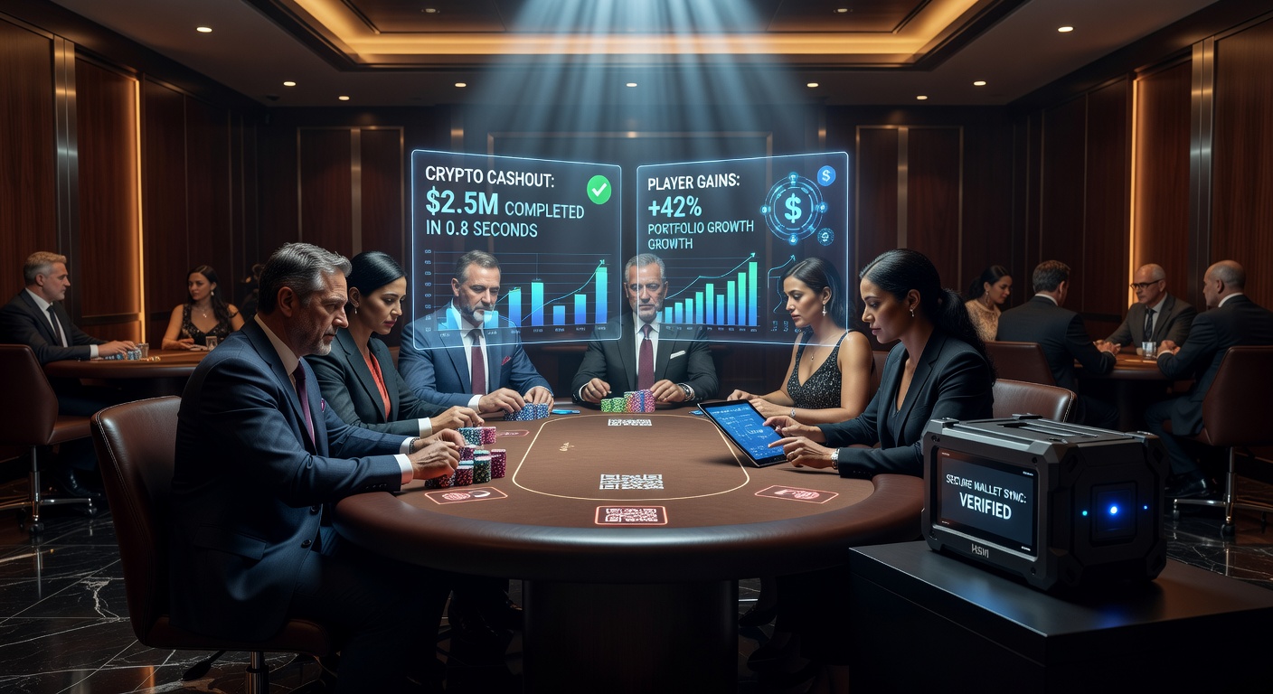 Visual representation of a secure blockchain transaction chain linking a poker chip stack to a digital wallet, with padlock icons emphasizing encryption