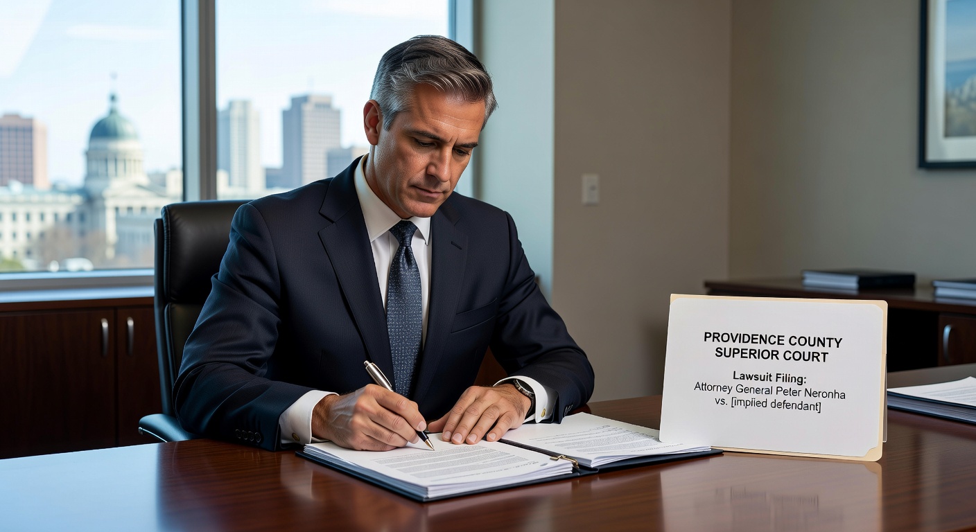 Corporate office scene with charts of cost savings projections and AI icons overlayed on financial graphs