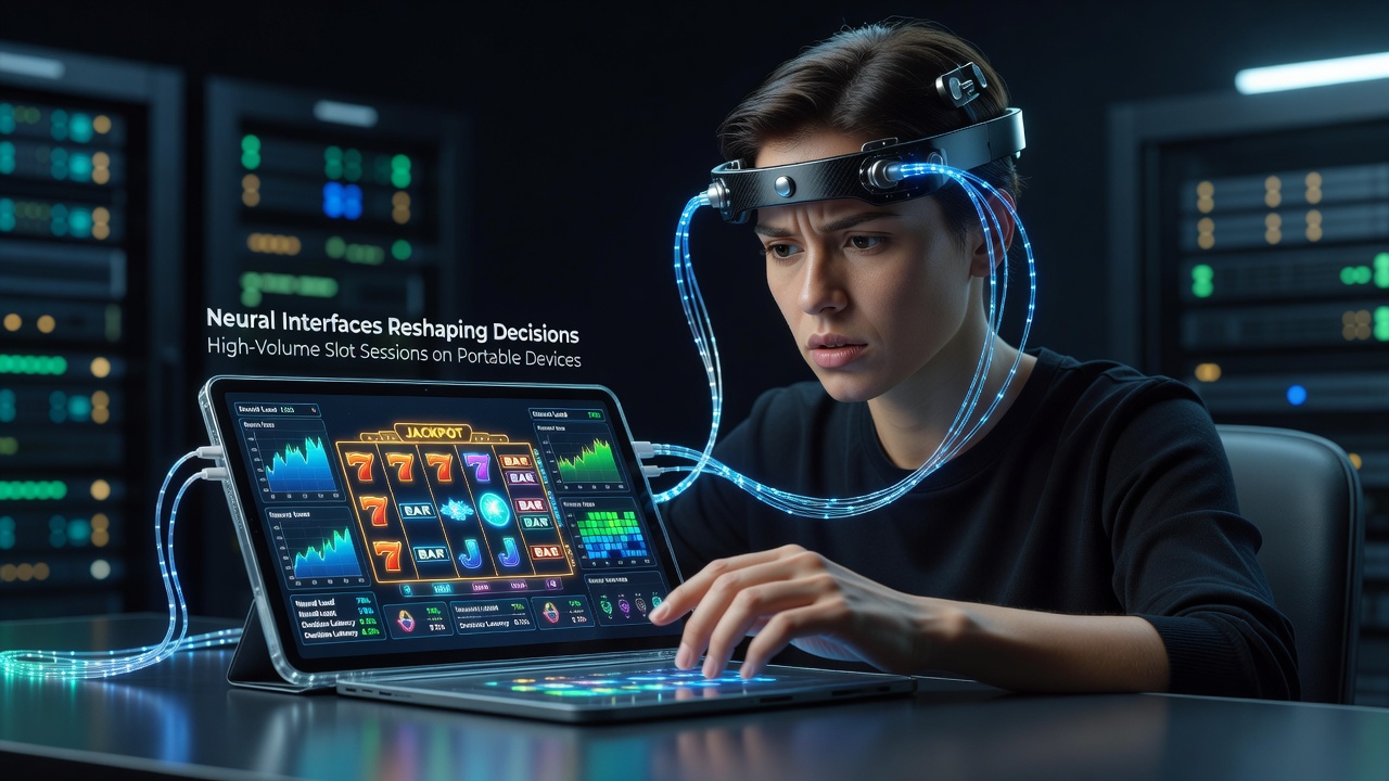 Neural interface headset paired with a portable device displaying slot game interface