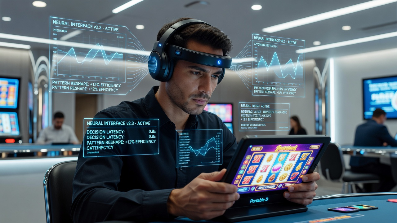 Close-up of portable device screen during a neural interface controlled slot session showing real-time bet adjustments