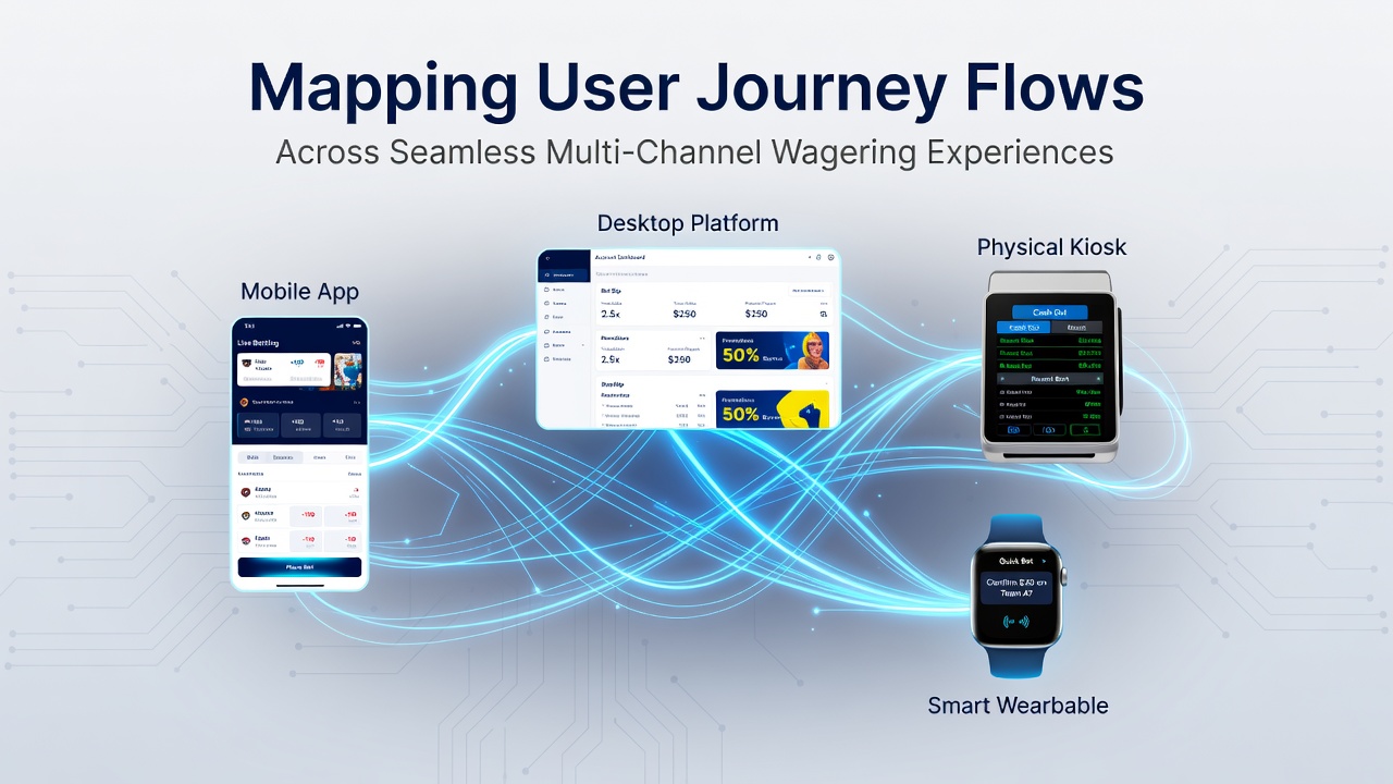 Diagram illustrating user journey flows across mobile, desktop, and live wagering channels with connected data points