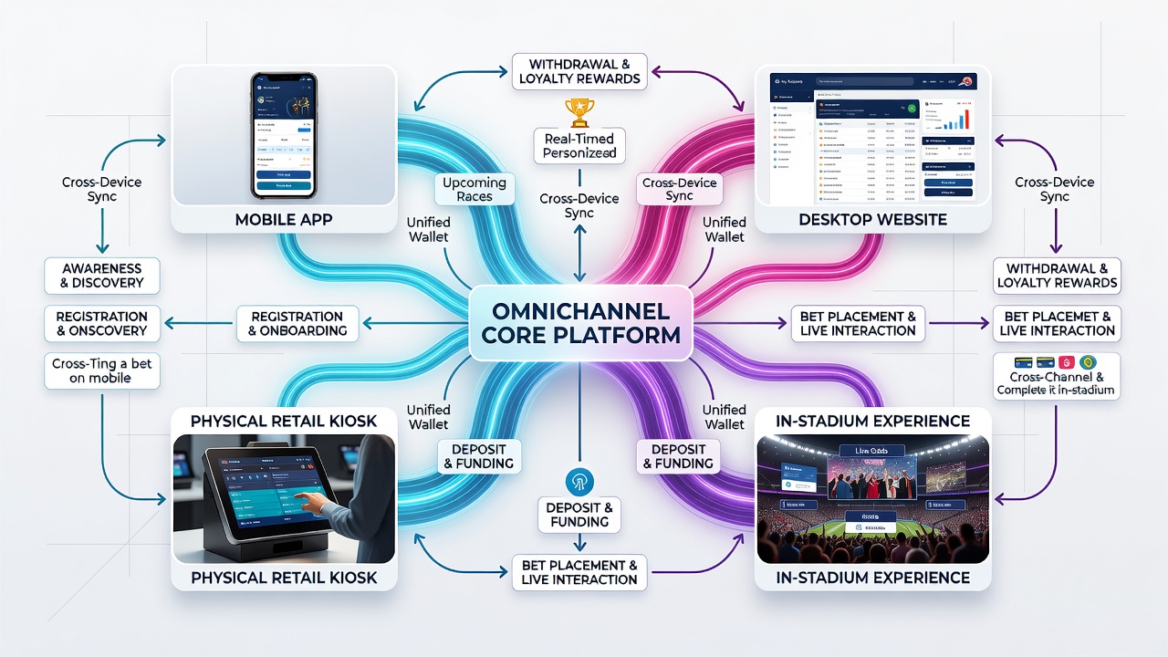 Flowchart showing connected wagering platforms and real-time data synchronization between user devices