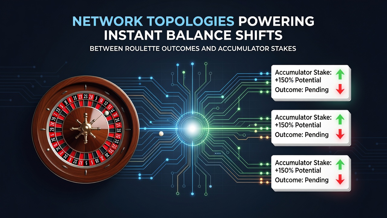 Diagram showing data paths from roulette wheel servers through edge nodes to accumulator balance displays on smartphones