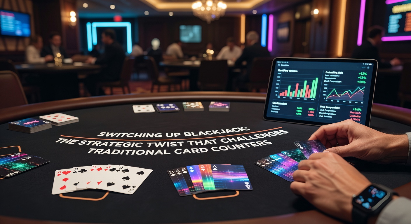 Close-up of a Blackjack Switch table setup showing two player hands with swappable top cards, dealer facing a crowded casino floor