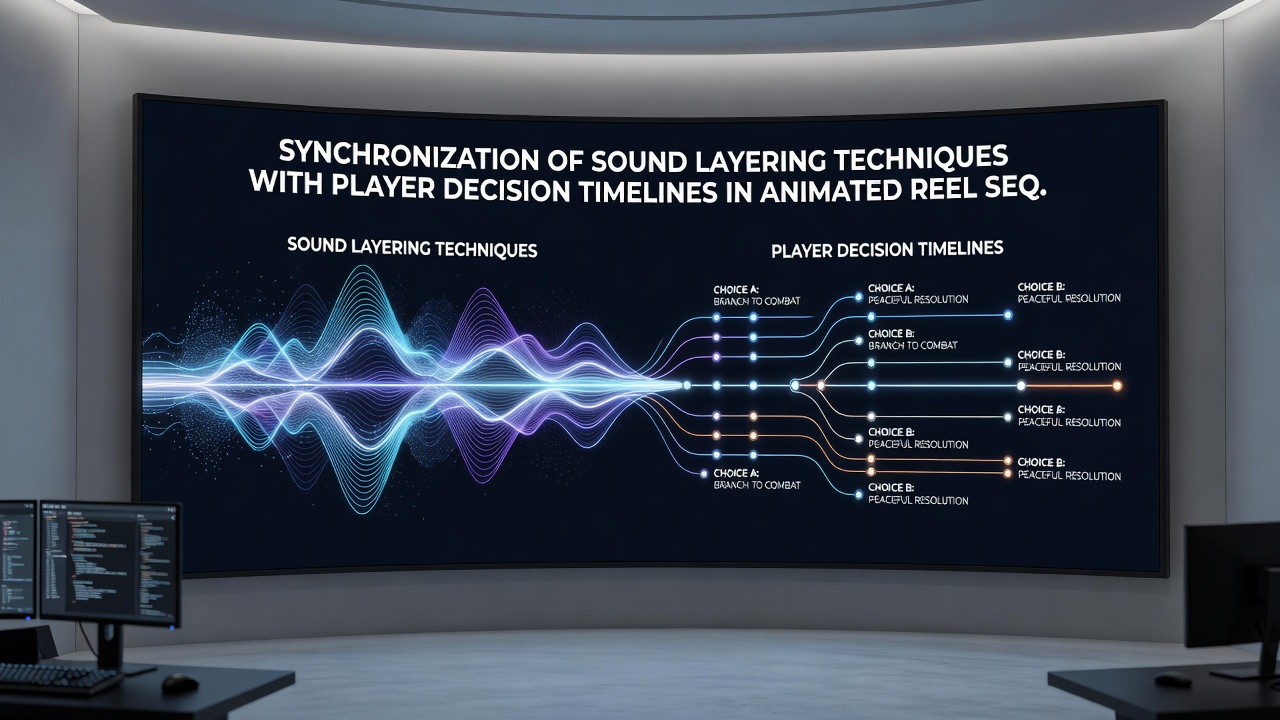 Screenshot of audio timeline editor showing layered sound tracks aligned to player decision markers in reel animation software