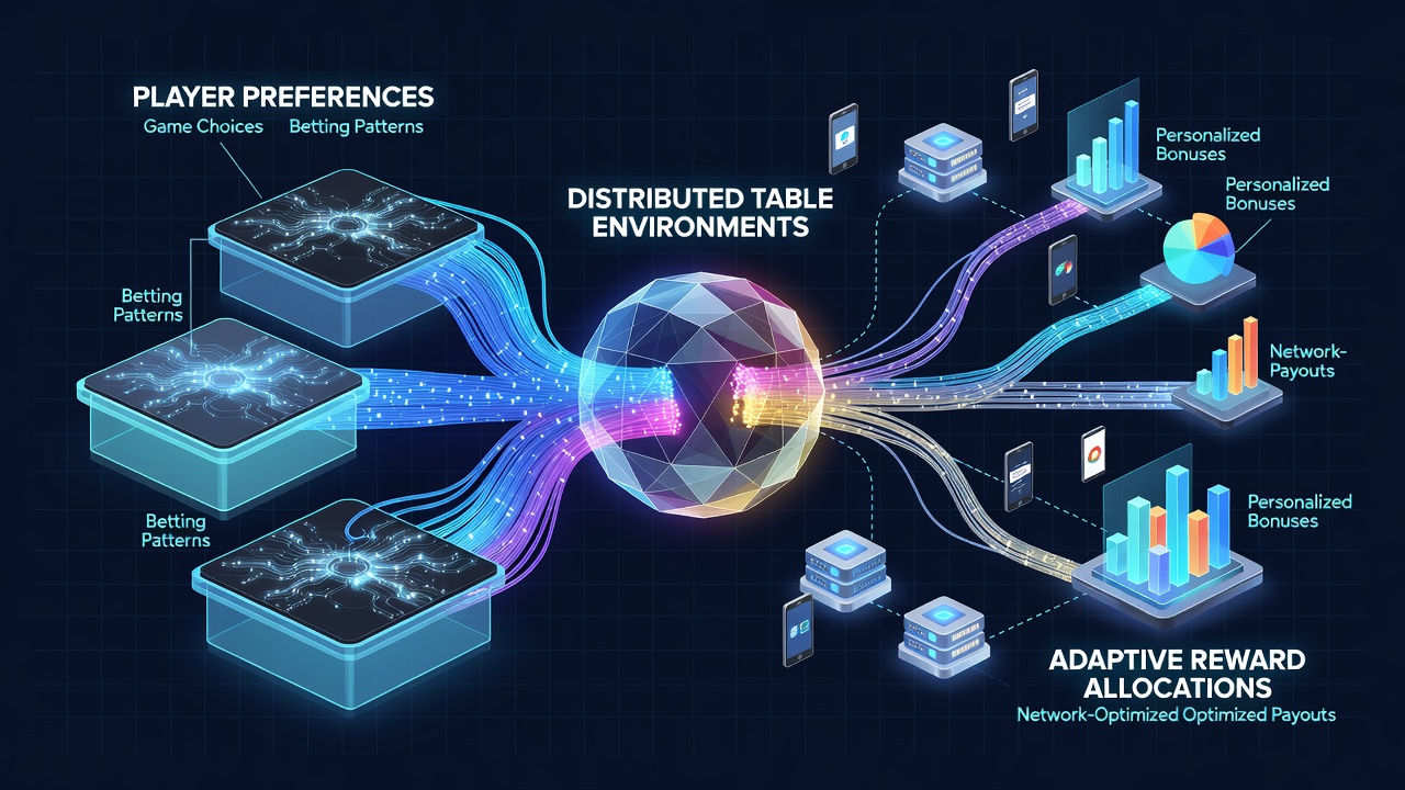 Diagram showing interconnected data flows between distributed table environments and mobile reward systems