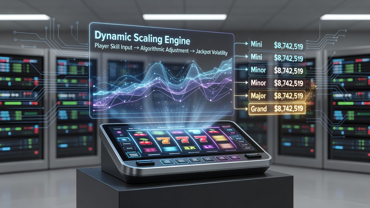 Diagram showing how dynamic difficulty scaling adjusts slot parameters as progressive jackpots grow in real time